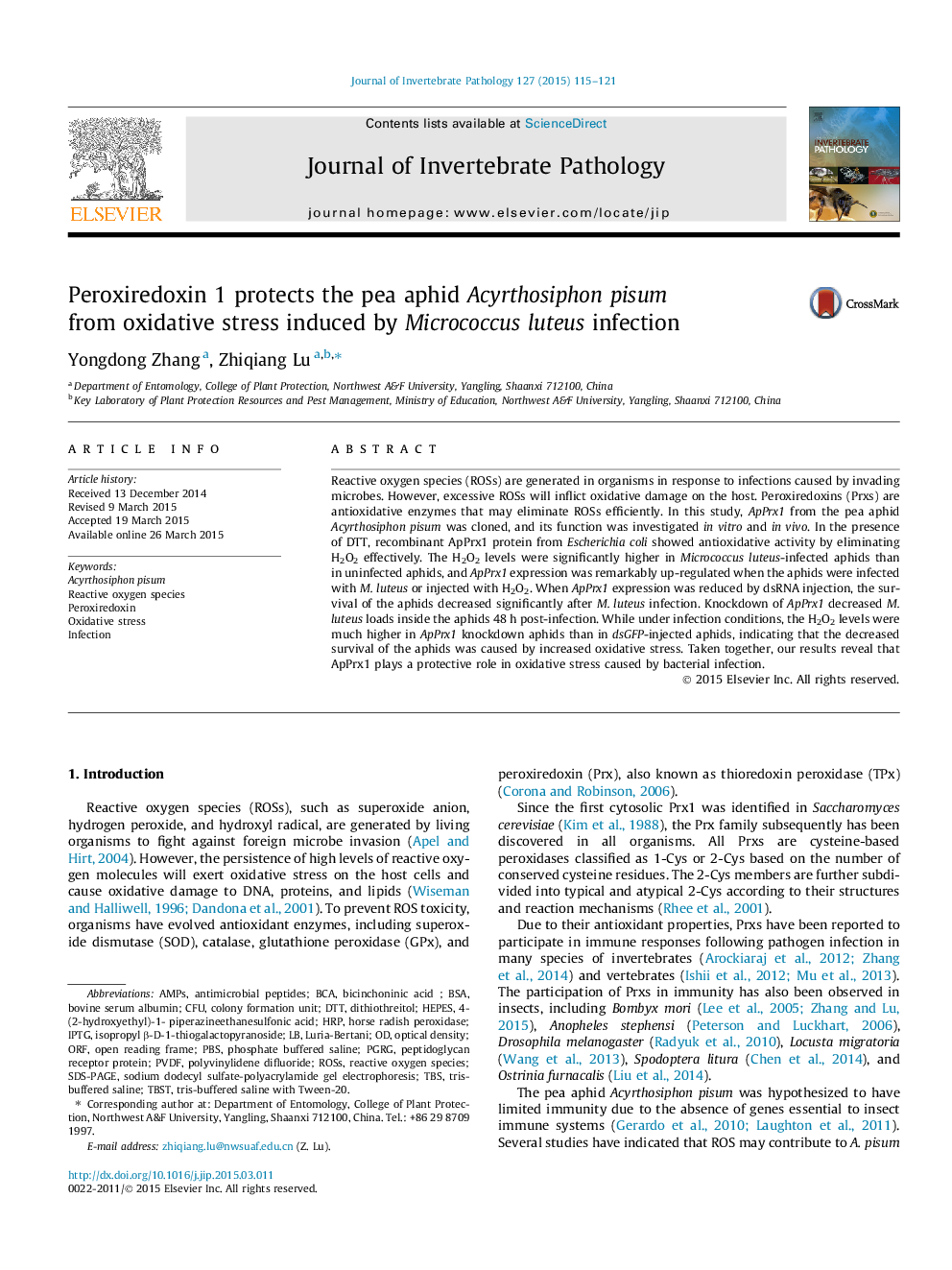 Peroxiredoxin 1 protects the pea aphid Acyrthosiphon pisum from oxidative stress induced by Micrococcus luteus infection