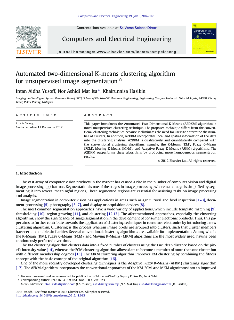 Automated two-dimensional K-means clustering algorithm for unsupervised image segmentation 