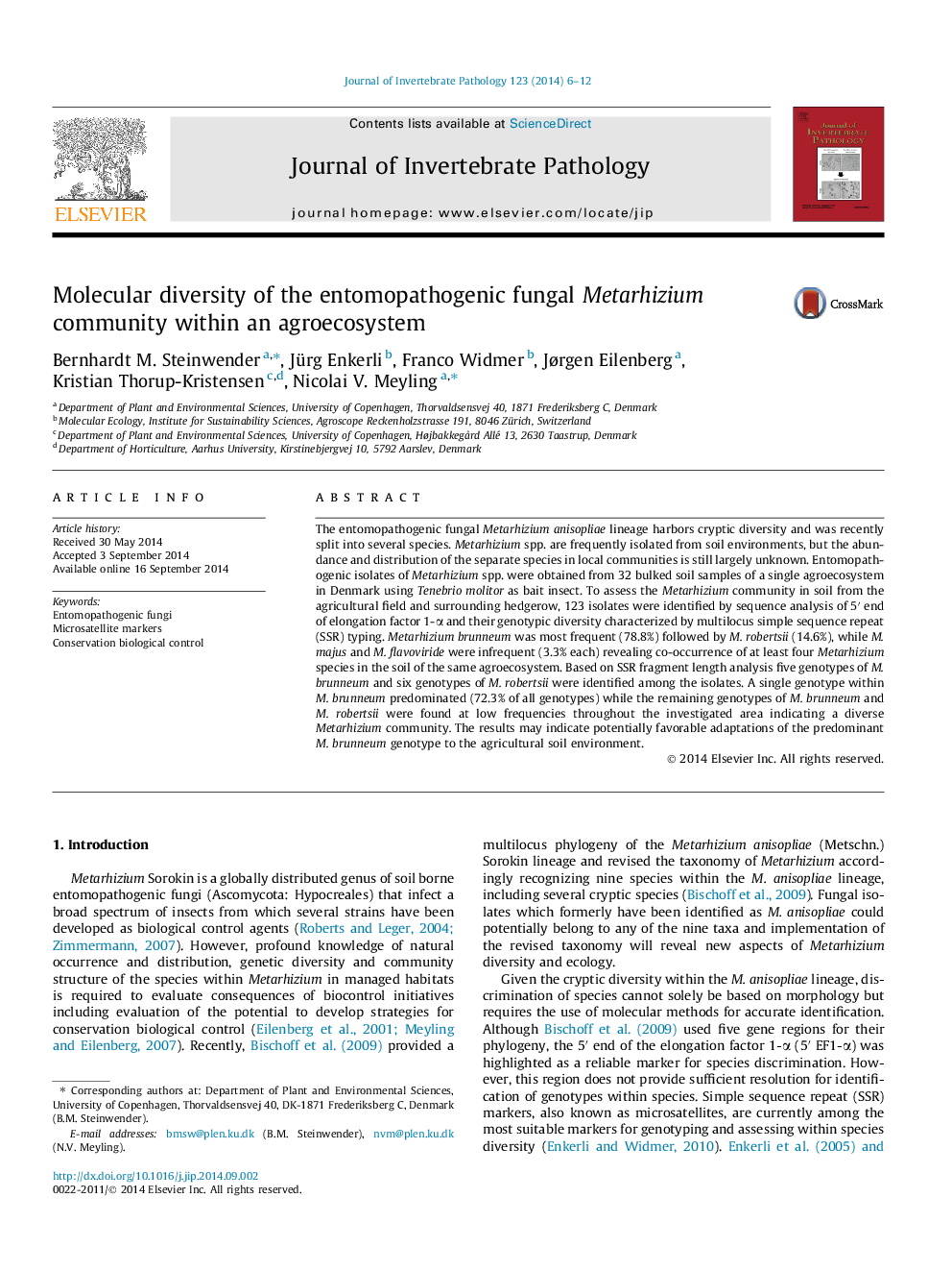 Molecular diversity of the entomopathogenic fungal Metarhizium community within an agroecosystem