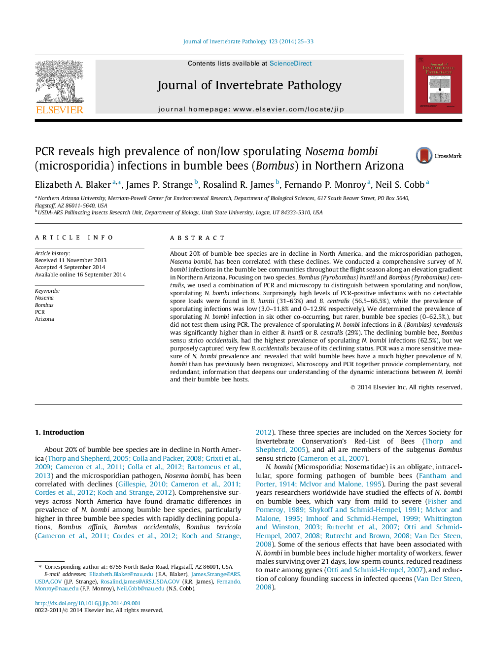 PCR reveals high prevalence of non/low sporulating Nosema bombi (microsporidia) infections in bumble bees (Bombus) in Northern Arizona