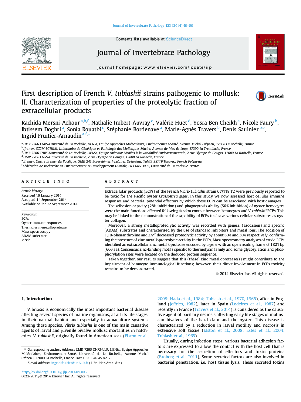 First description of French V. tubiashii strains pathogenic to mollusk: II. Characterization of properties of the proteolytic fraction of extracellular products