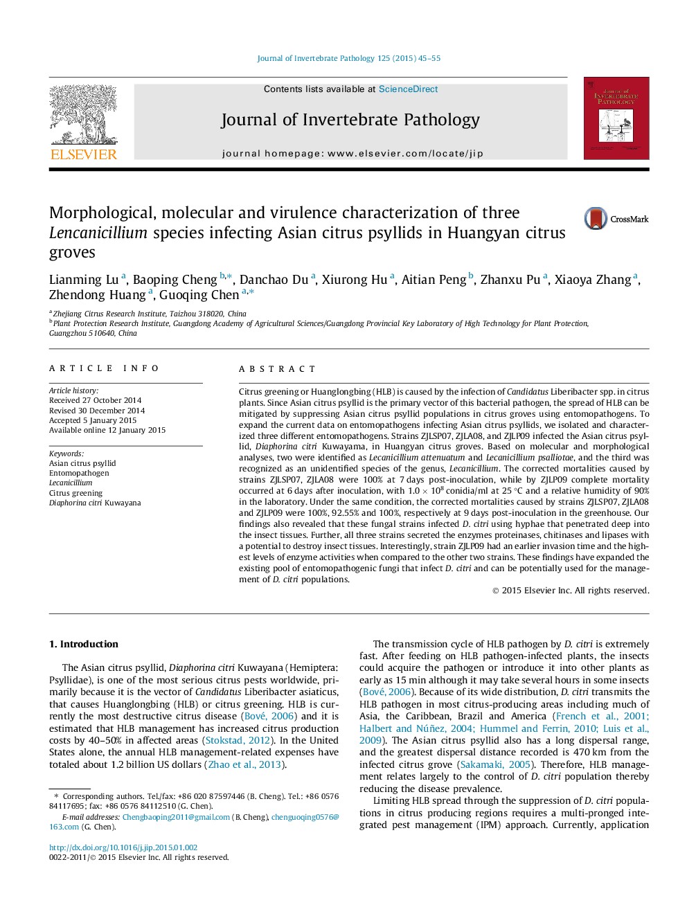 Morphological, molecular and virulence characterization of three Lencanicillium species infecting Asian citrus psyllids in Huangyan citrus groves