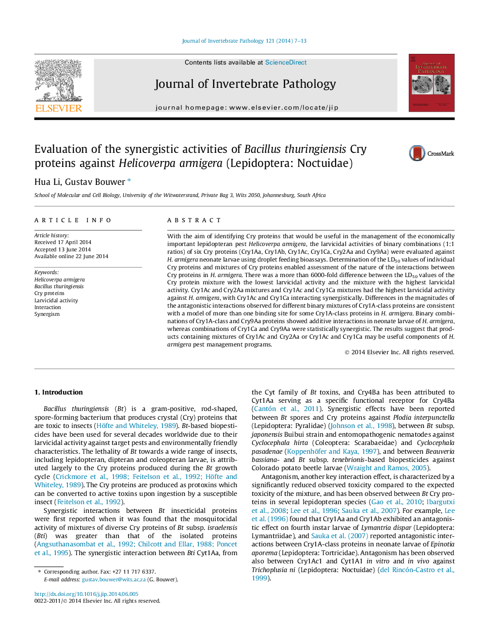 Evaluation of the synergistic activities of Bacillus thuringiensis Cry proteins against Helicoverpa armigera (Lepidoptera: Noctuidae)