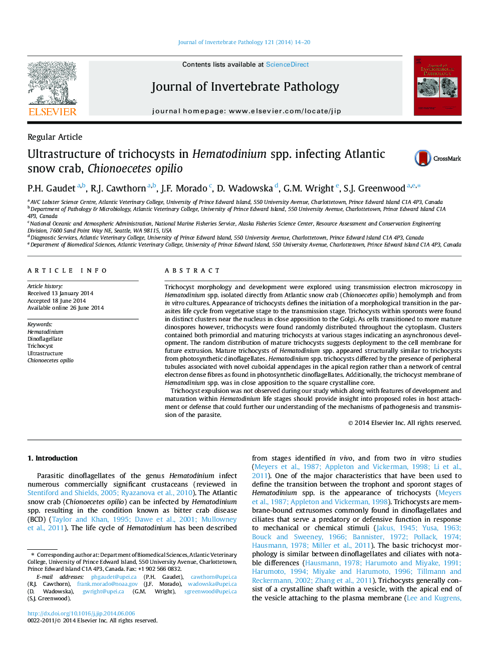 Ultrastructure of trichocysts in Hematodinium spp. infecting Atlantic snow crab, Chionoecetes opilio