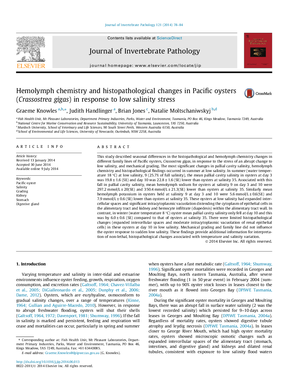 Hemolymph chemistry and histopathological changes in Pacific oysters (Crassostrea gigas) in response to low salinity stress