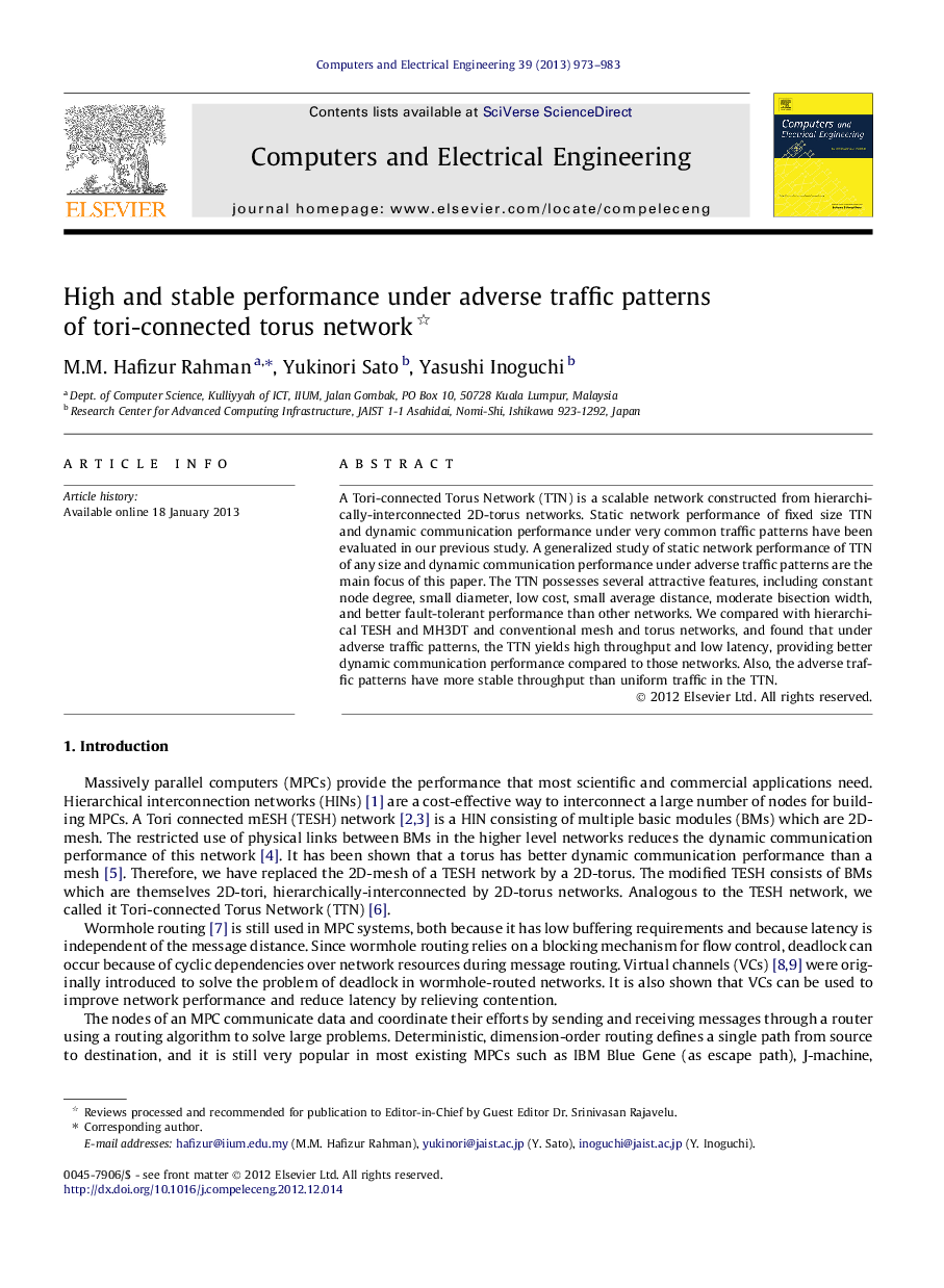 High and stable performance under adverse traffic patterns of tori-connected torus network 