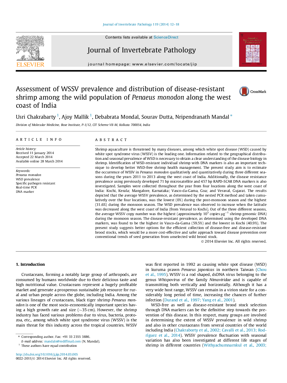 Assessment of WSSV prevalence and distribution of disease-resistant shrimp among the wild population of Penaeus monodon along the west coast of India