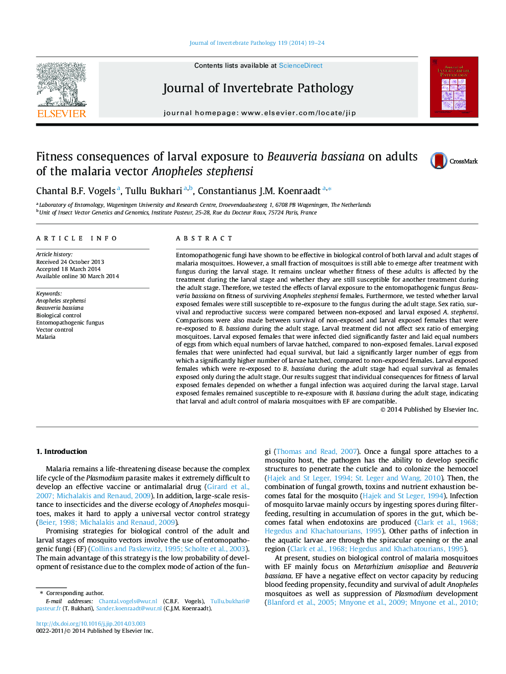 Fitness consequences of larval exposure to Beauveria bassiana on adults of the malaria vector Anopheles stephensi