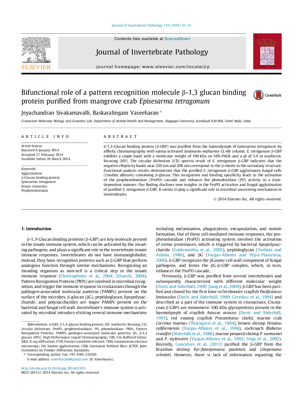 Bifunctional role of a pattern recognition molecule β-1,3 glucan binding protein purified from mangrove crab Episesarma tetragonum