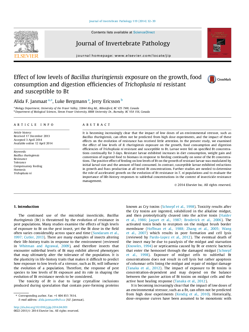 Effect of low levels of Bacillus thuringiensis exposure on the growth, food consumption and digestion efficiencies of Trichoplusia ni resistant and susceptible to Bt