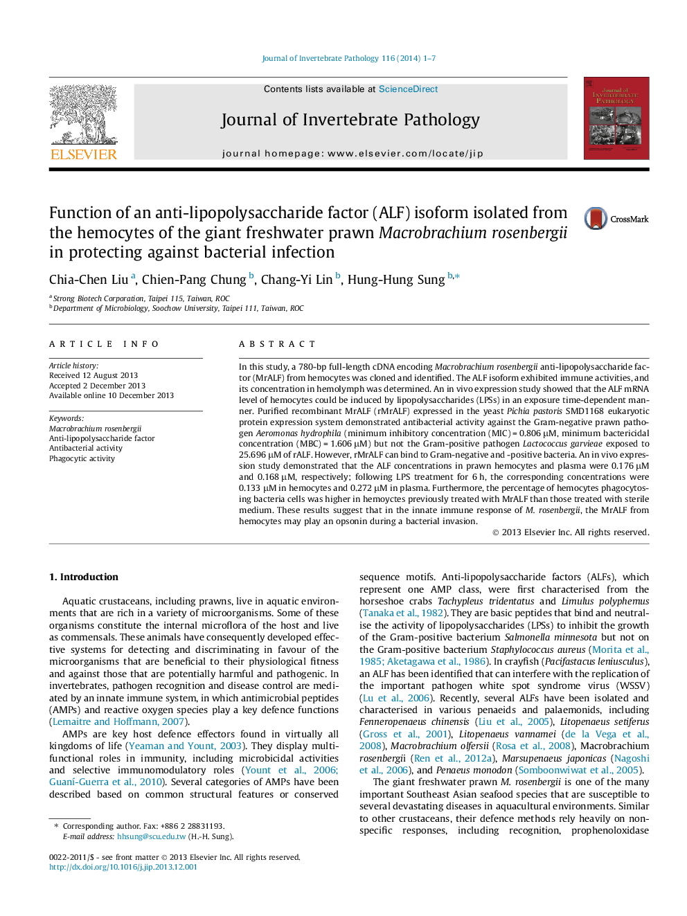 Function of an anti-lipopolysaccharide factor (ALF) isoform isolated from the hemocytes of the giant freshwater prawn Macrobrachium rosenbergii in protecting against bacterial infection