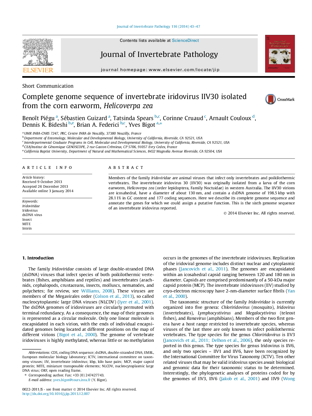 Complete genome sequence of invertebrate iridovirus IIV30 isolated from the corn earworm, Helicoverpa zea