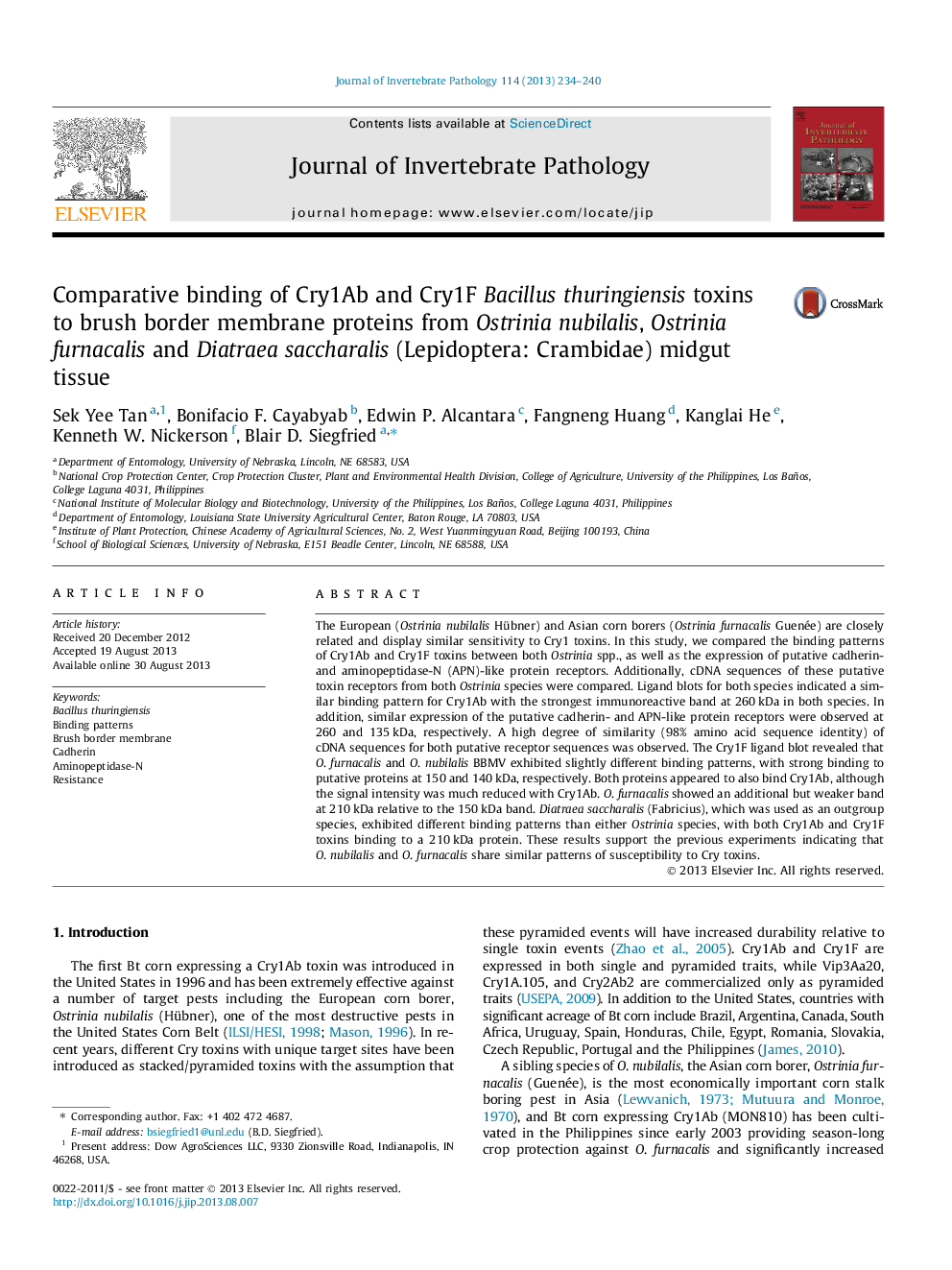 Comparative binding of Cry1Ab and Cry1F Bacillus thuringiensis toxins to brush border membrane proteins from Ostrinia nubilalis, Ostrinia furnacalis and Diatraea saccharalis (Lepidoptera: Crambidae) midgut tissue