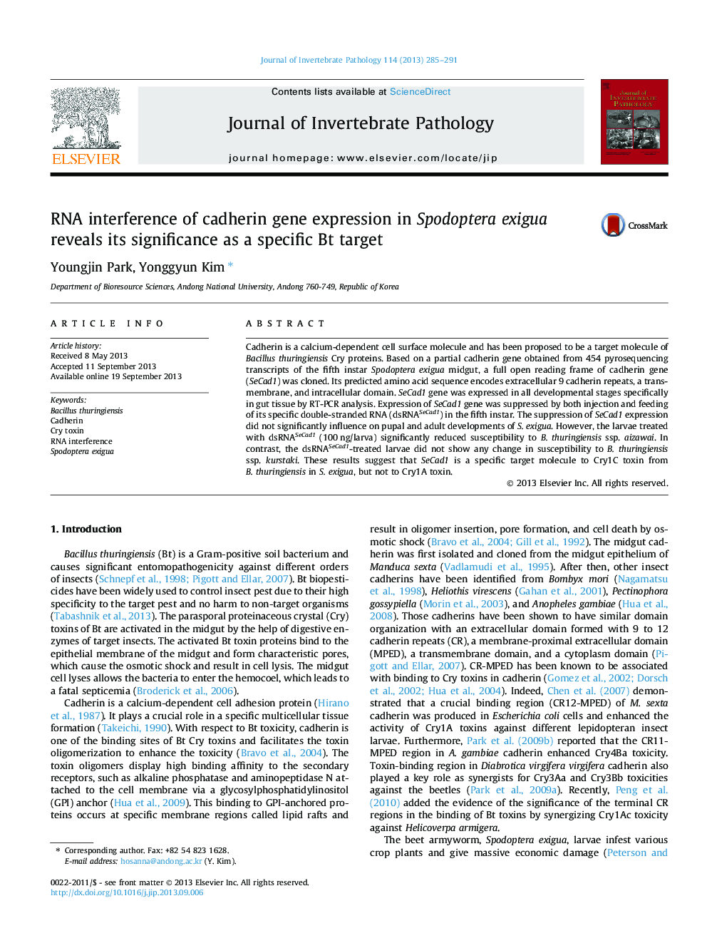 RNA interference of cadherin gene expression in Spodoptera exigua reveals its significance as a specific Bt target