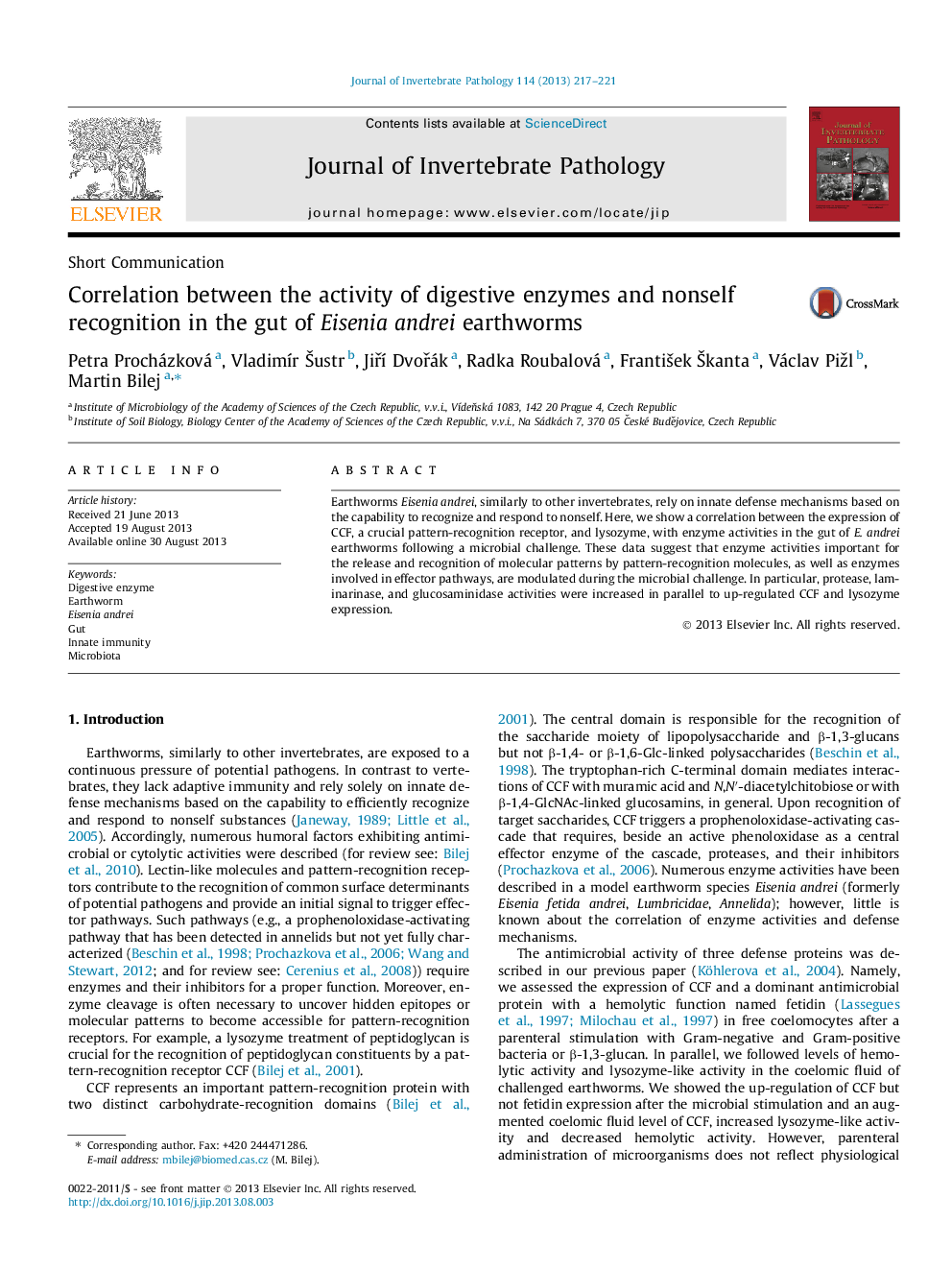 Correlation between the activity of digestive enzymes and nonself recognition in the gut of Eisenia andrei earthworms