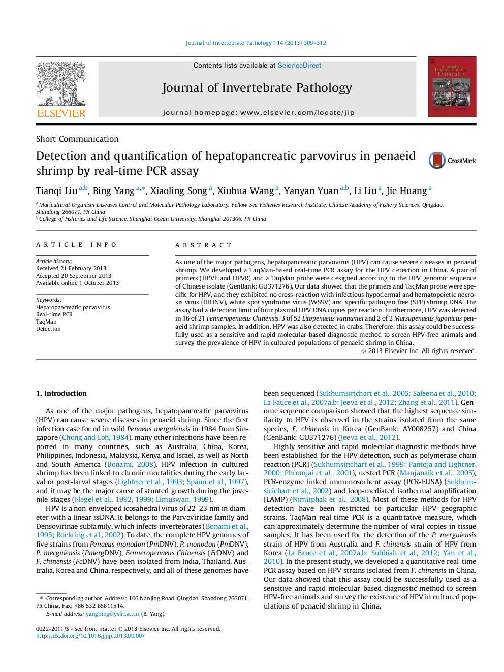 Detection and quantification of hepatopancreatic parvovirus in penaeid shrimp by real-time PCR assay