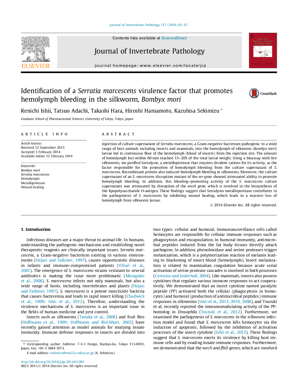 Identification of a Serratia marcescens virulence factor that promotes hemolymph bleeding in the silkworm, Bombyx mori