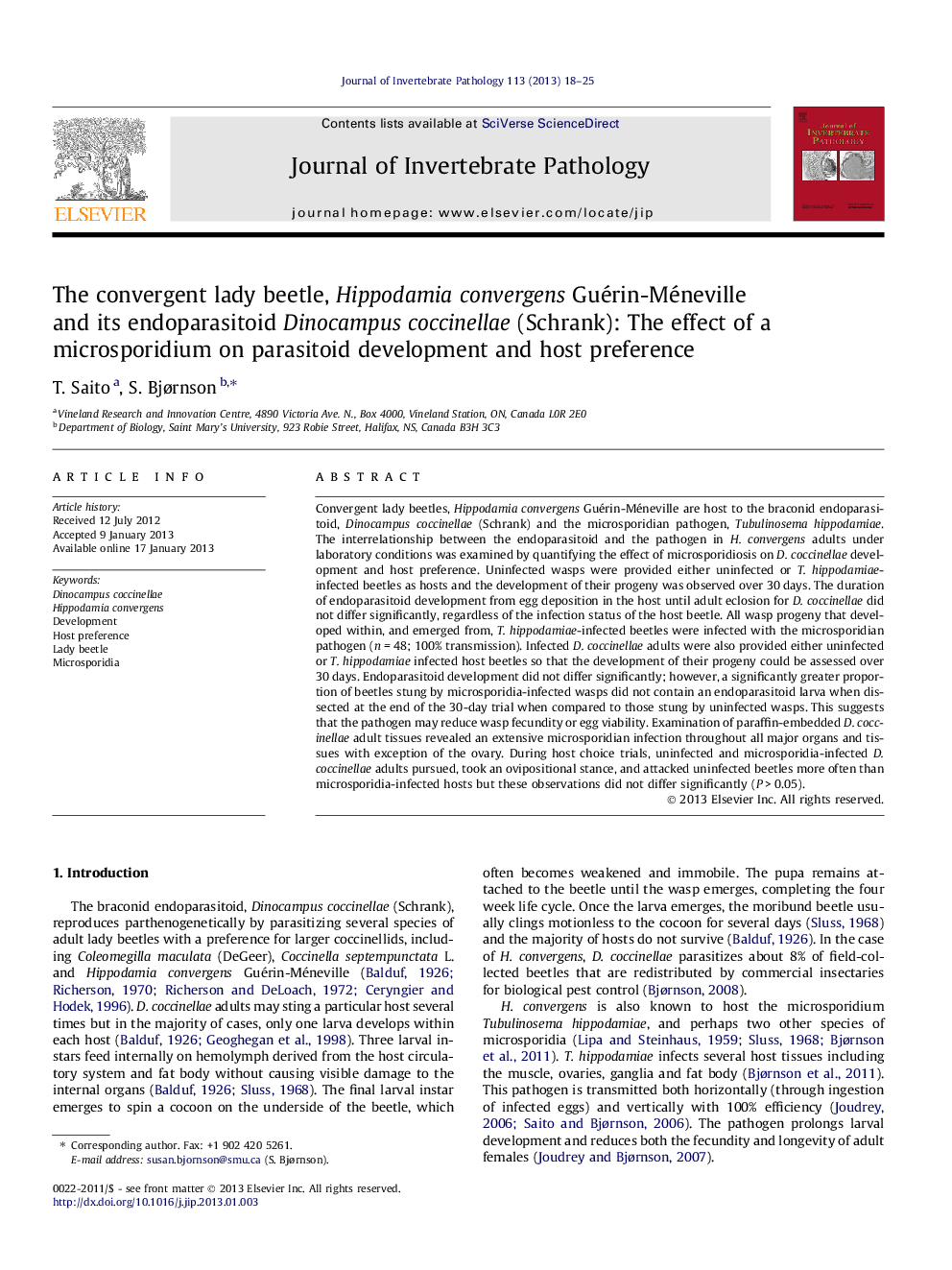 The convergent lady beetle, Hippodamia convergens Guérin-Méneville and its endoparasitoid Dinocampus coccinellae (Schrank): The effect of a microsporidium on parasitoid development and host preference