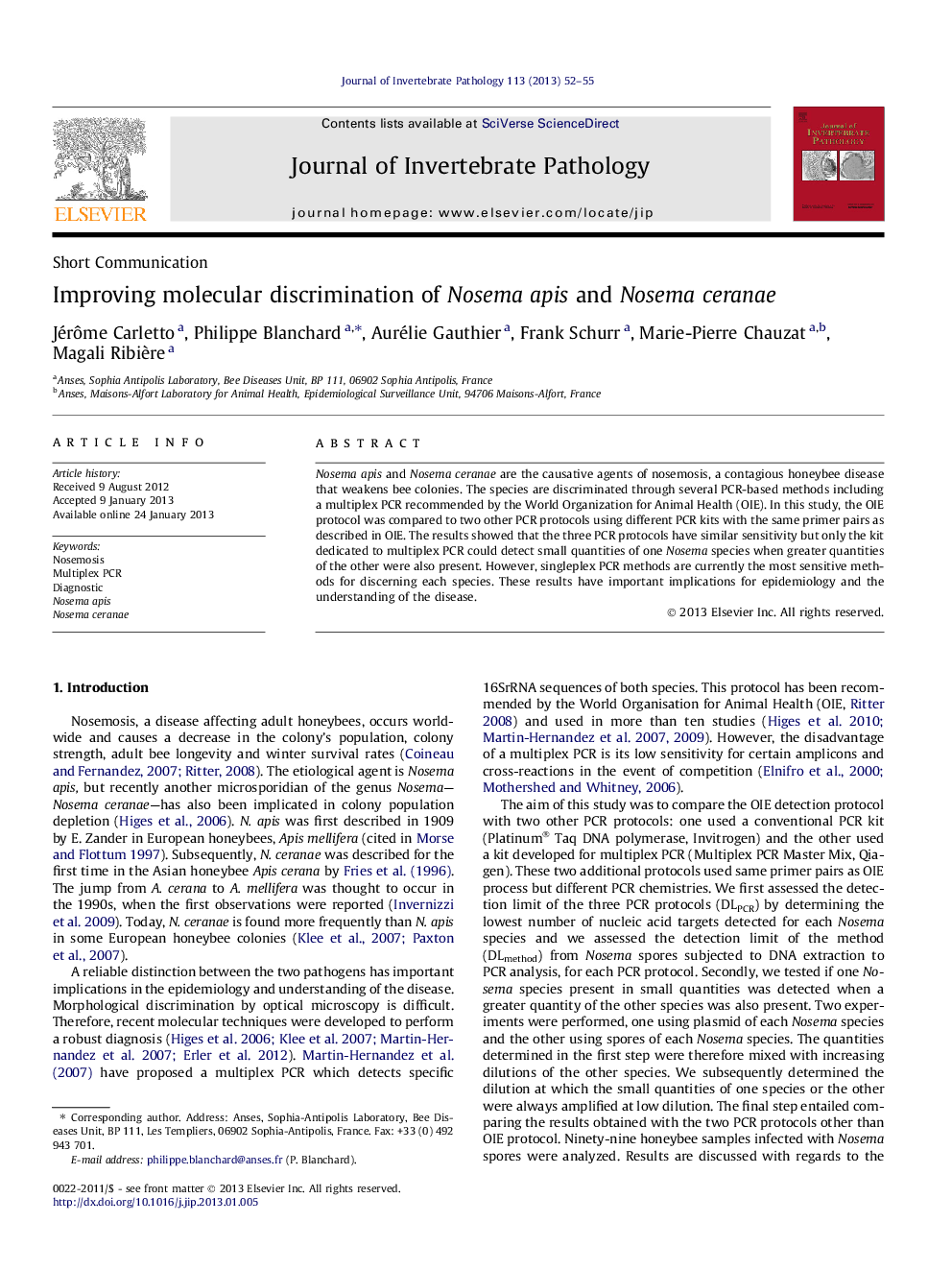 Improving molecular discrimination of Nosema apis and Nosema ceranae