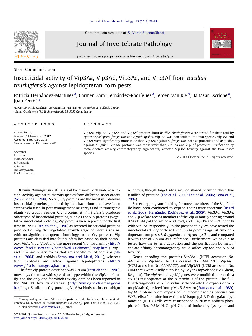 Insecticidal activity of Vip3Aa, Vip3Ad, Vip3Ae, and Vip3Af from Bacillus thuringiensis against lepidopteran corn pests