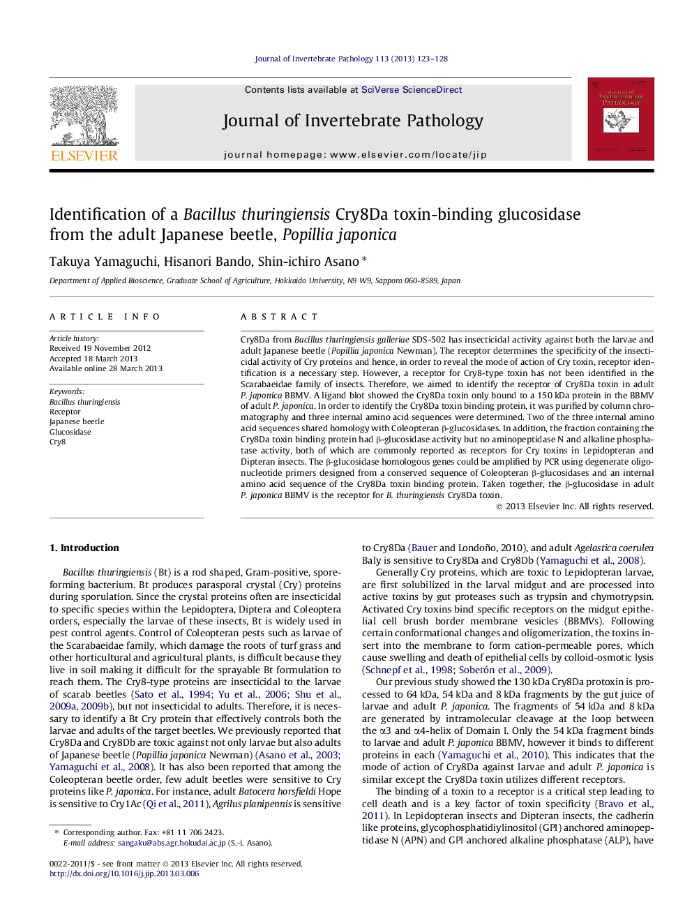 Identification of a Bacillus thuringiensis Cry8Da toxin-binding glucosidase from the adult Japanese beetle, Popillia japonica