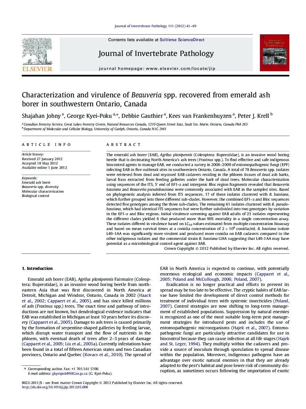 Characterization and virulence of Beauveria spp. recovered from emerald ash borer in southwestern Ontario, Canada