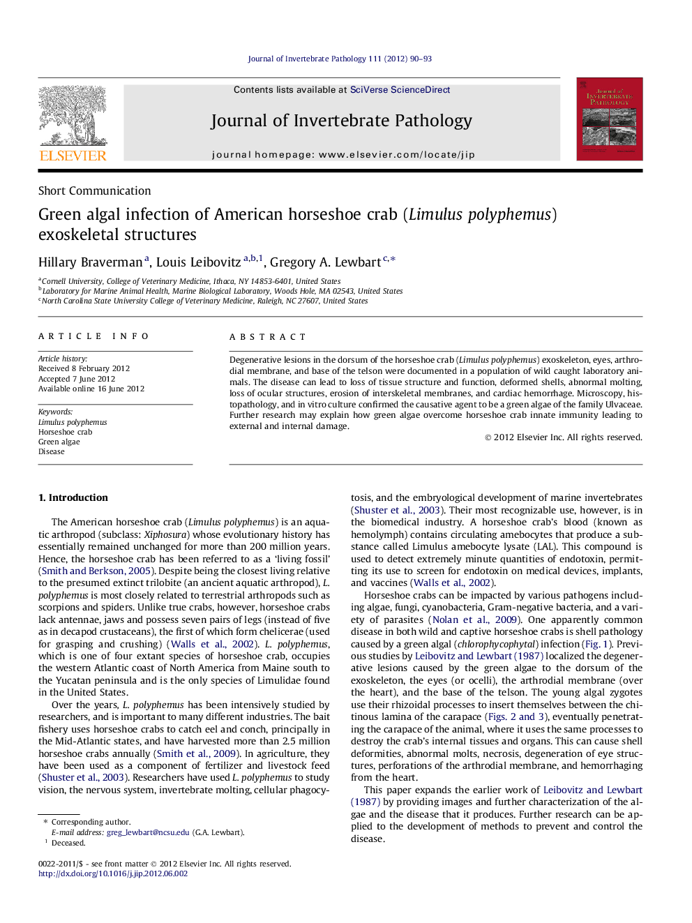 Green algal infection of American horseshoe crab (Limulus polyphemus) exoskeletal structures