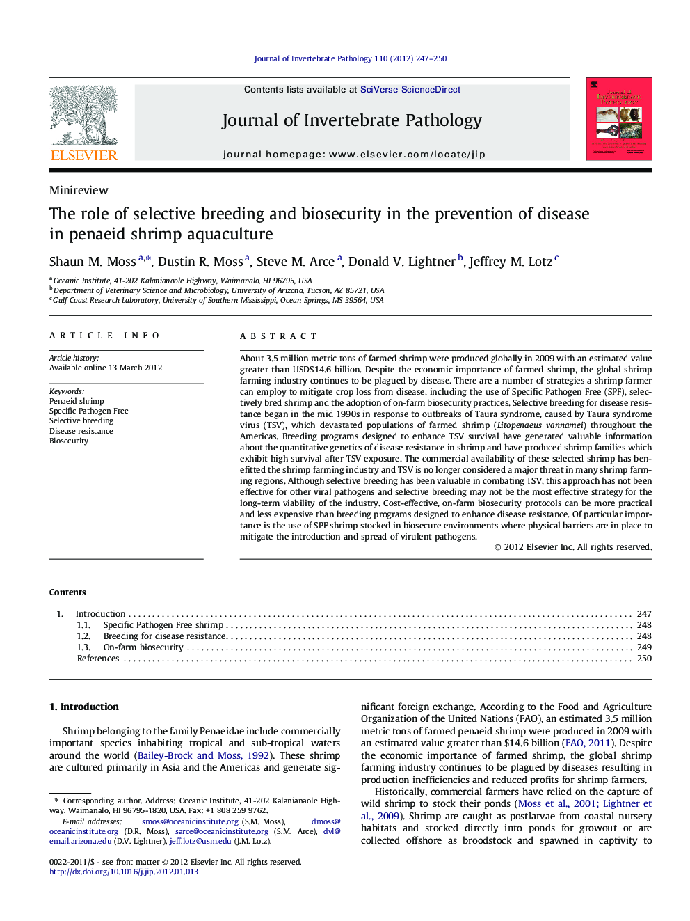 The role of selective breeding and biosecurity in the prevention of disease in penaeid shrimp aquaculture