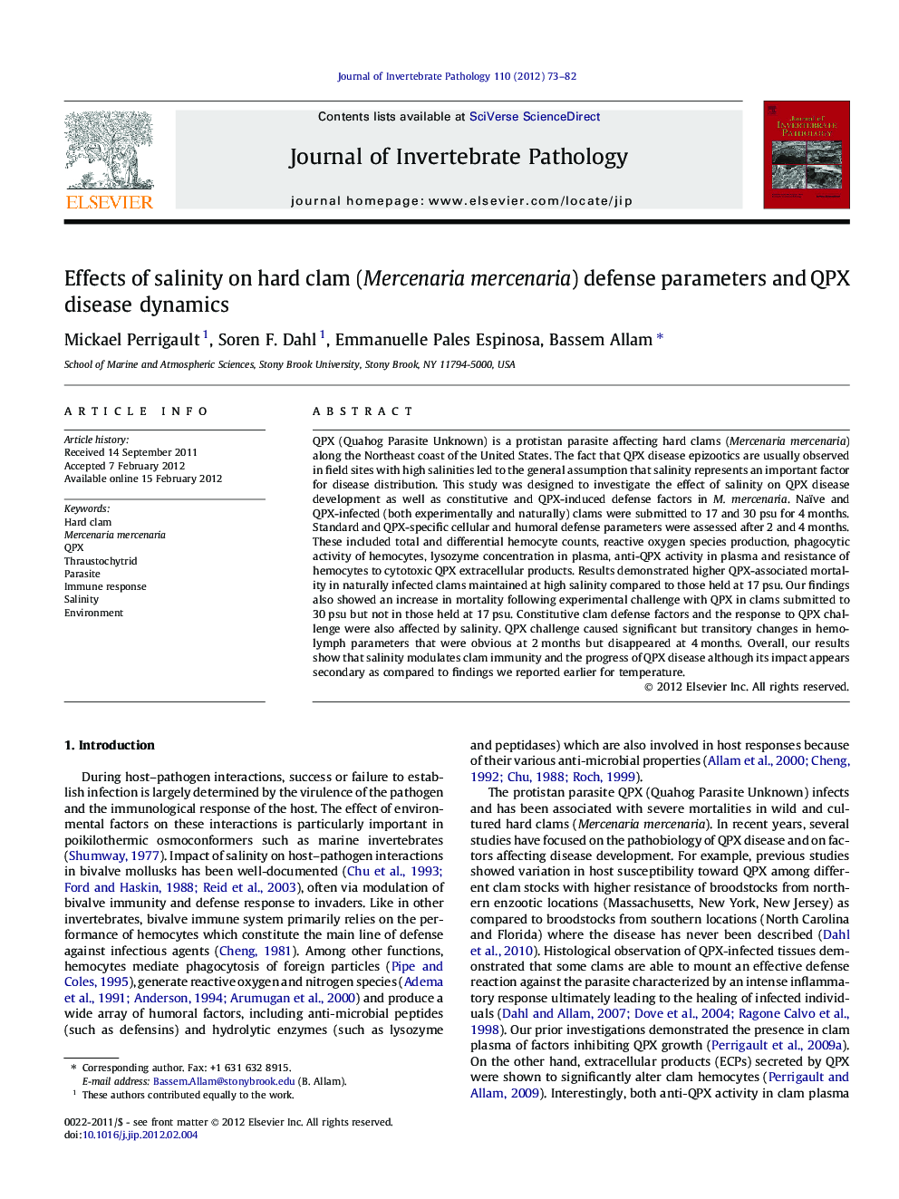 Effects of salinity on hard clam (Mercenaria mercenaria) defense parameters and QPX disease dynamics
