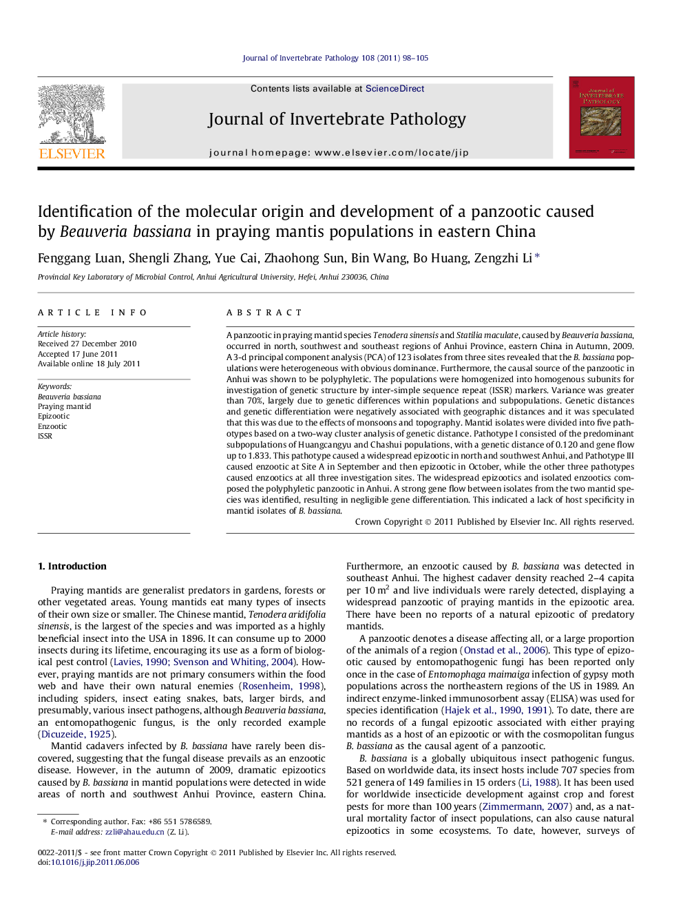 Identification of the molecular origin and development of a panzootic caused by Beauveria bassiana in praying mantis populations in eastern China