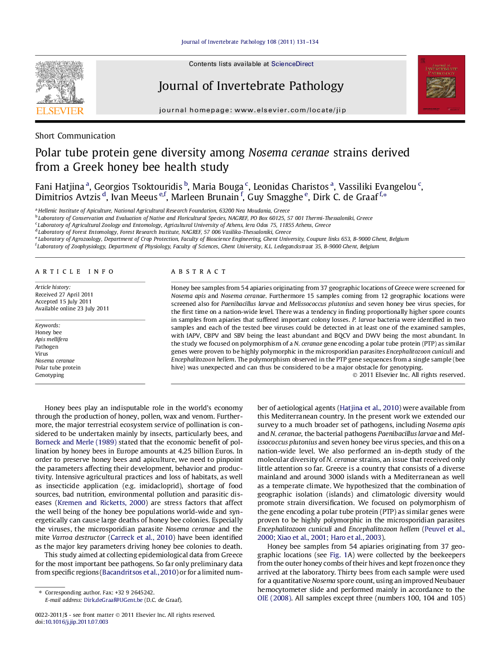 Polar tube protein gene diversity among Nosema ceranae strains derived from a Greek honey bee health study