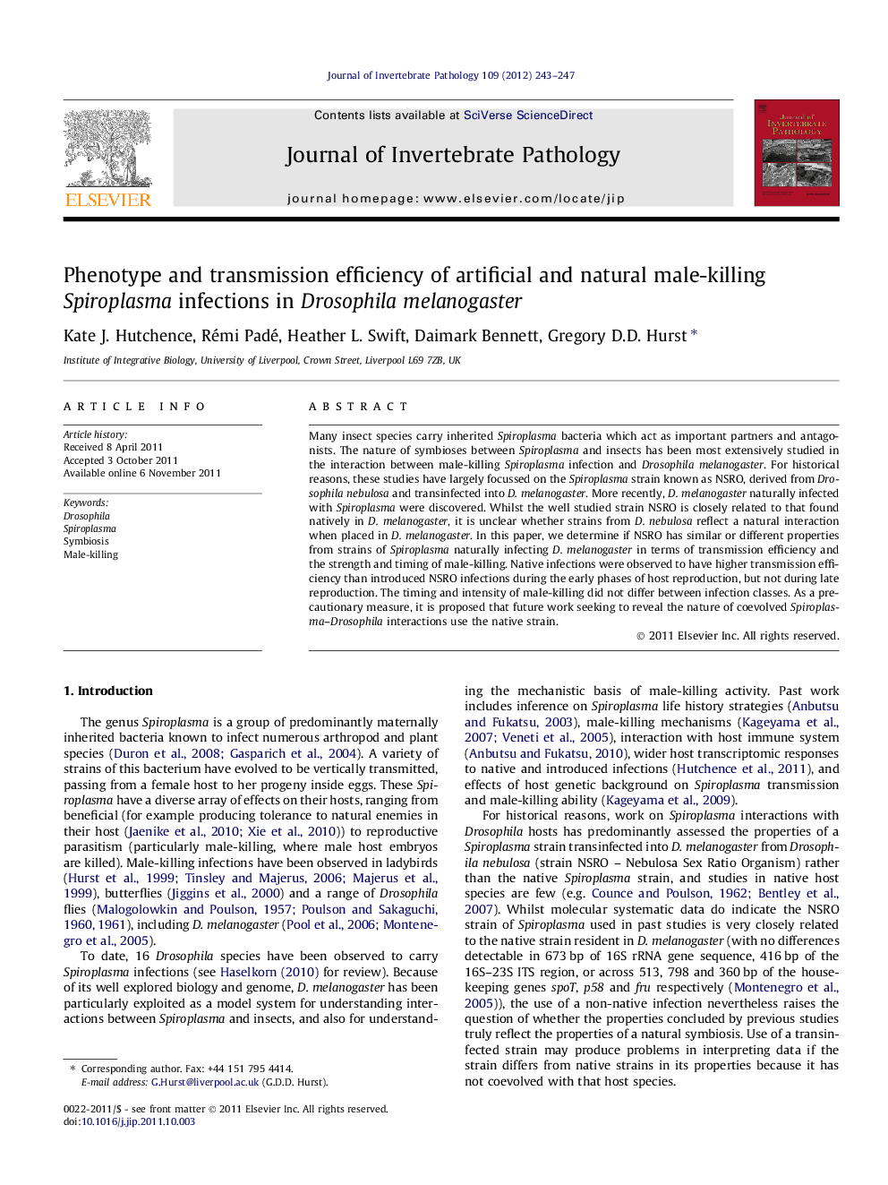 Phenotype and transmission efficiency of artificial and natural male-killing Spiroplasma infections in Drosophila melanogaster