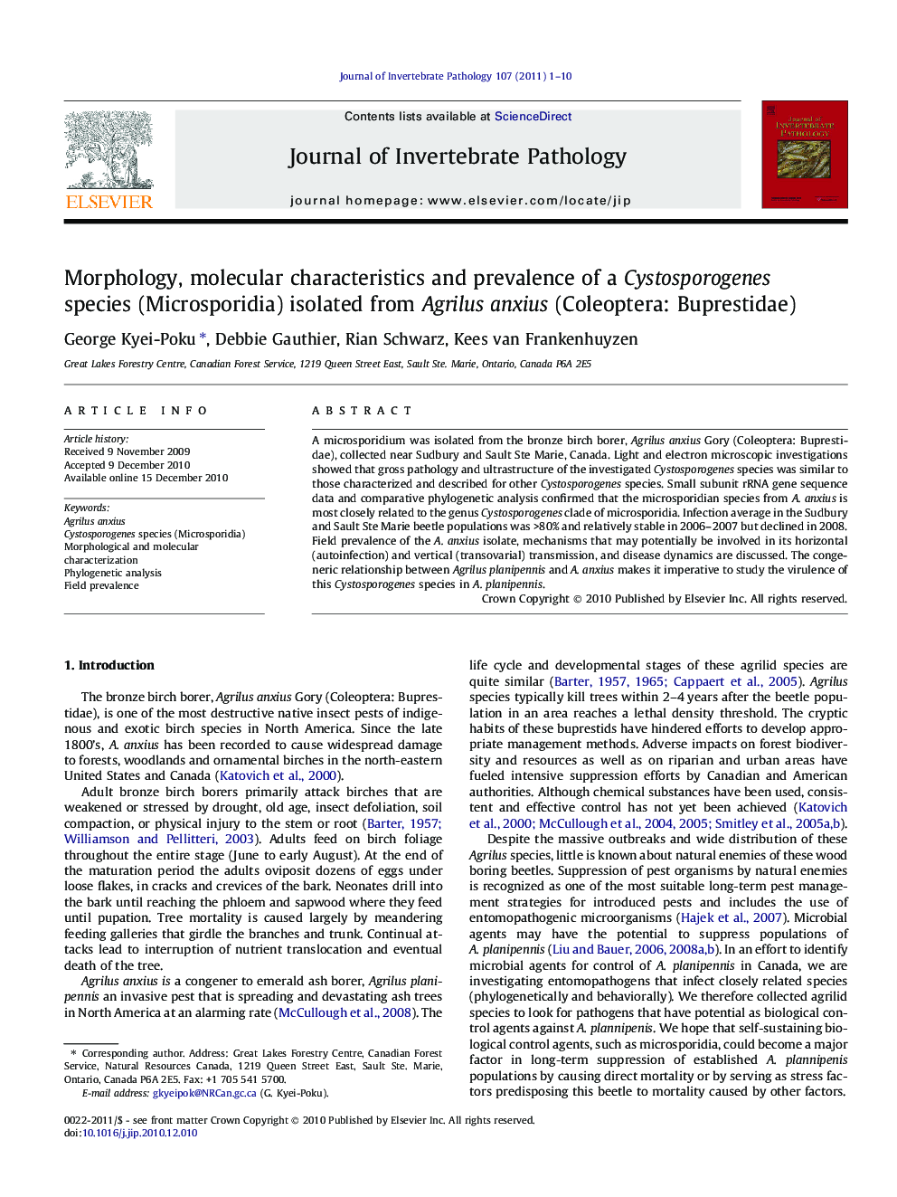 Morphology, molecular characteristics and prevalence of a Cystosporogenes species (Microsporidia) isolated from Agrilus anxius (Coleoptera: Buprestidae)