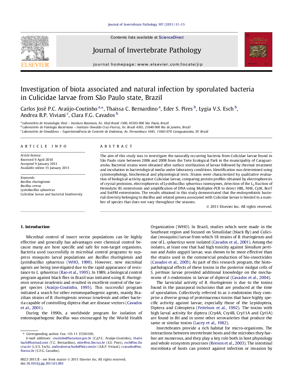 Investigation of biota associated and natural infection by sporulated bacteria in Culicidae larvae from São Paulo state, Brazil