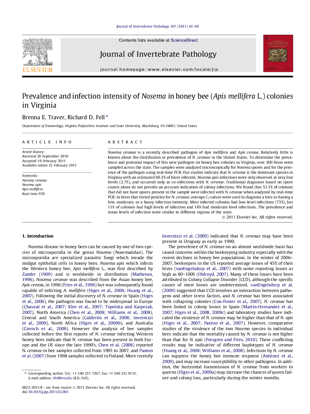 Prevalence and infection intensity of Nosema in honey bee (Apis mellifera L.) colonies in Virginia