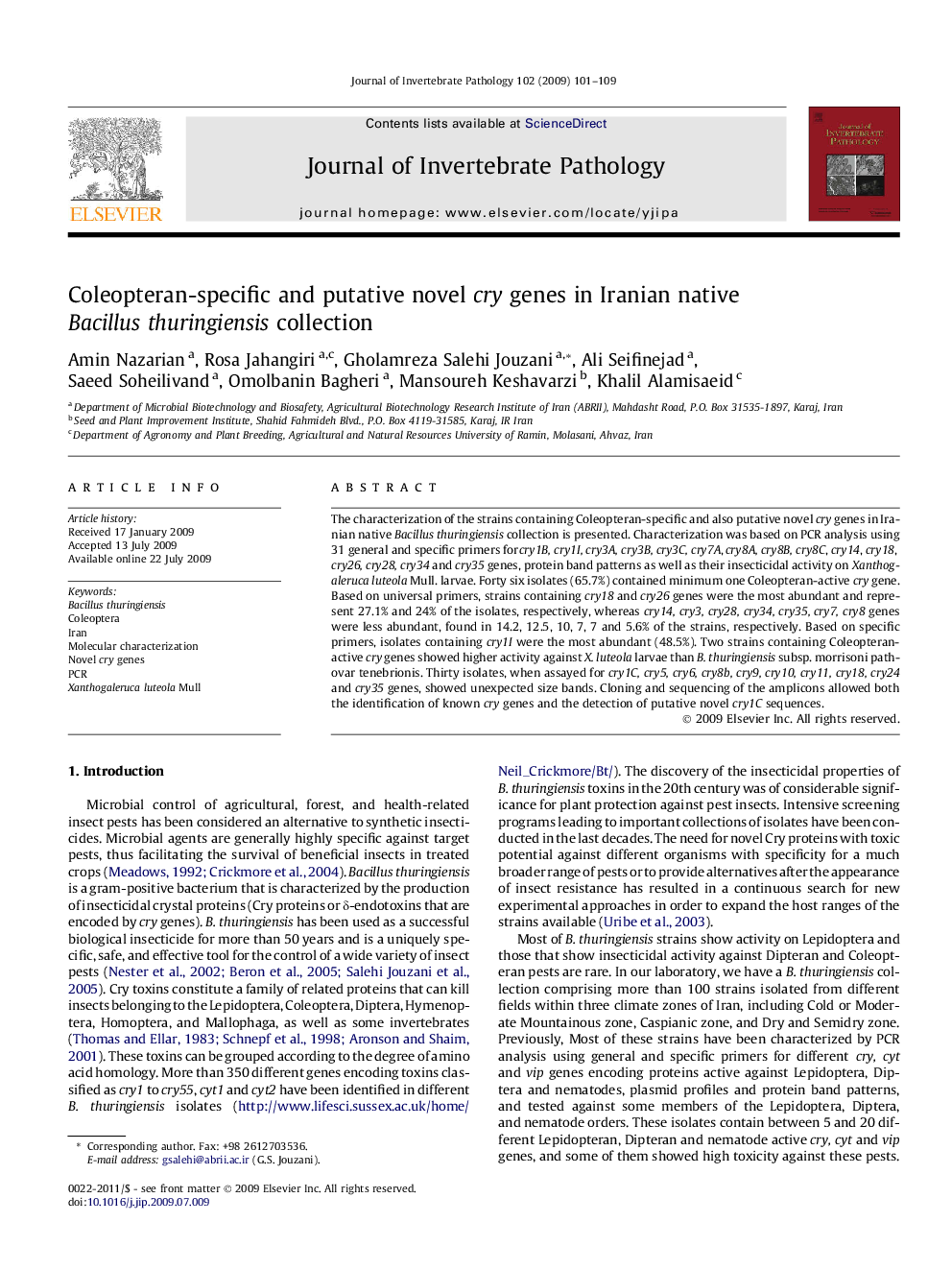 Coleopteran-specific and putative novel cry genes in Iranian native Bacillus thuringiensis collection