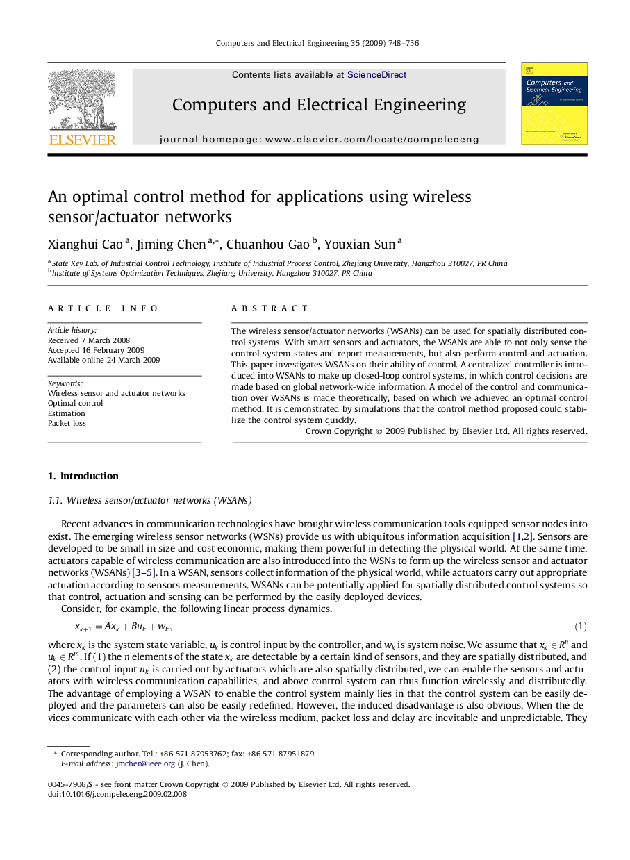 An optimal control method for applications using wireless sensor/actuator networks