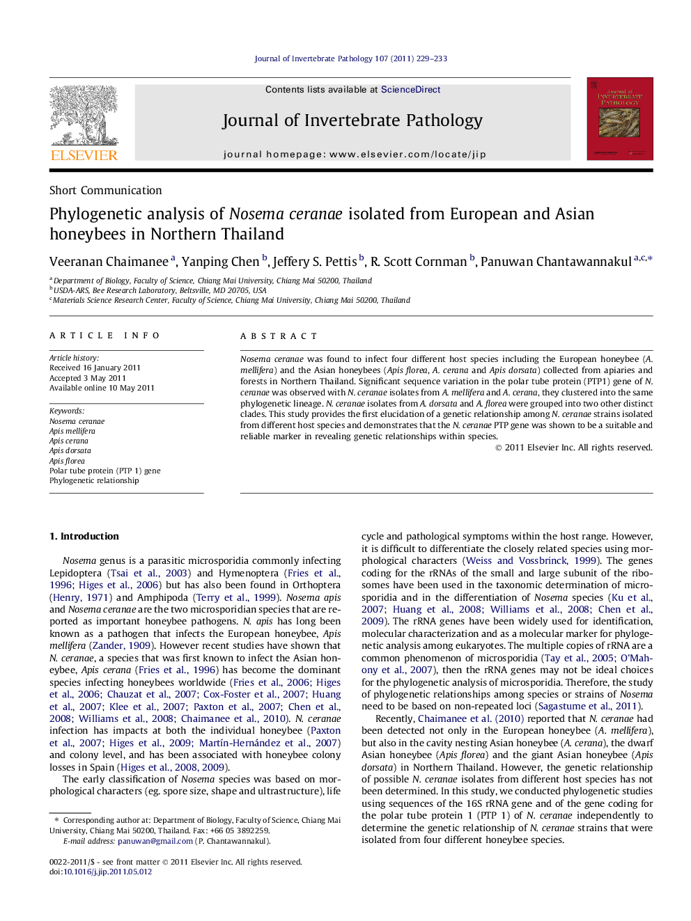 Phylogenetic analysis of Nosema ceranae isolated from European and Asian honeybees in Northern Thailand