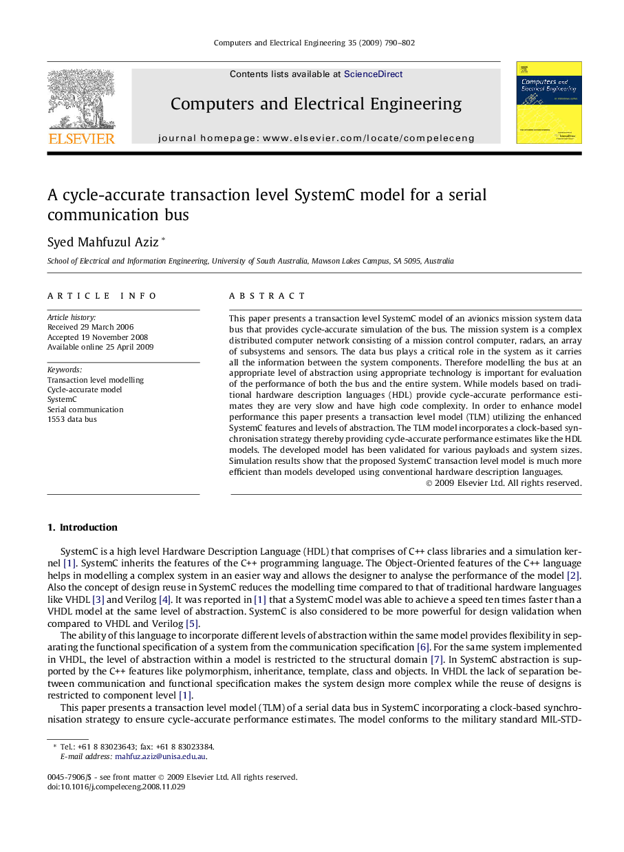 A cycle-accurate transaction level SystemC model for a serial communication bus