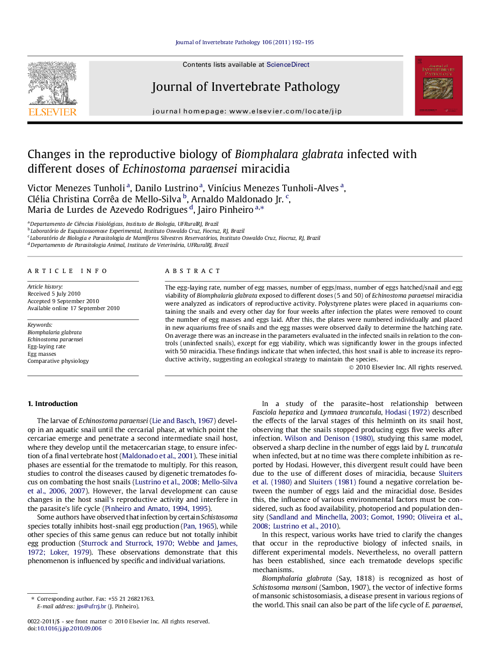 Changes in the reproductive biology of Biomphalara glabrata infected with different doses of Echinostoma paraensei miracidia