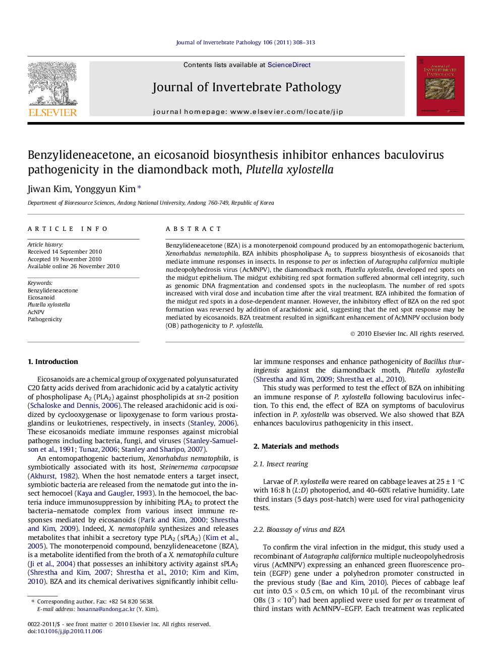 Benzylideneacetone, an eicosanoid biosynthesis inhibitor enhances baculovirus pathogenicity in the diamondback moth, Plutella xylostella