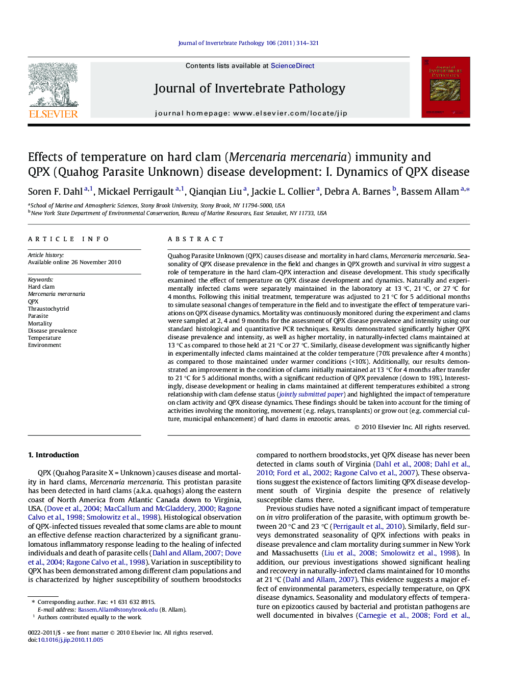 Effects of temperature on hard clam (Mercenariamercenaria) immunity and QPX (Quahog Parasite Unknown) disease development: I. Dynamics of QPX disease