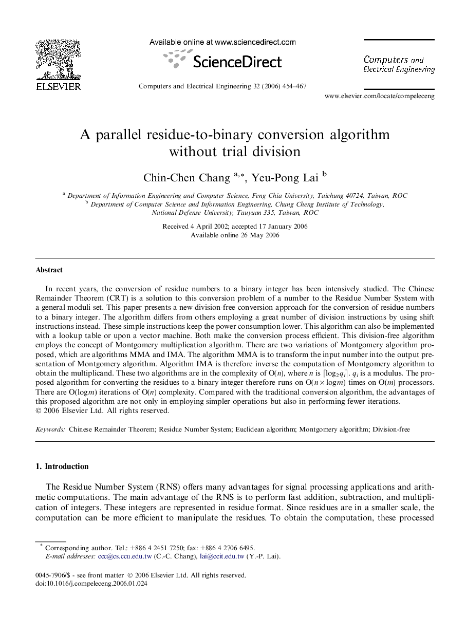 A parallel residue-to-binary conversion algorithm without trial division