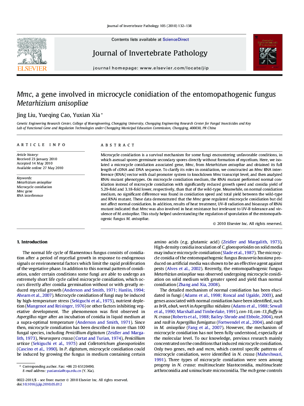 Mmc, a gene involved in microcycle conidiation of the entomopathogenic fungus Metarhizium anisopliae