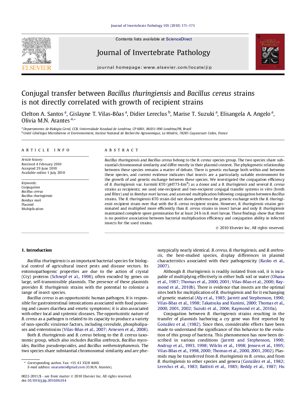 عکس صفحه اول مقاله: Conjugal transfer between Bacillus thuringiensis and Bacillus cereus strains is not directly correlated with growth of recipient strains Conjugal transfer between Bacillus thuringiensis and Bacillus cereus strains is not directly correlated with growth of recipient strains