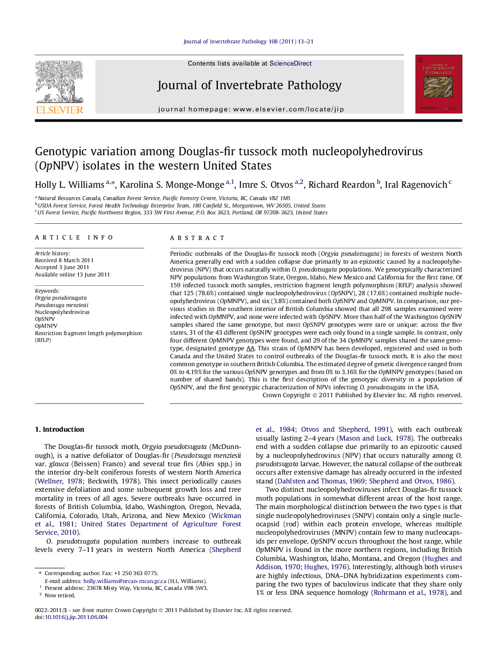 Genotypic variation among Douglas-fir tussock moth nucleopolyhedrovirus (OpNPV) isolates in the western United States