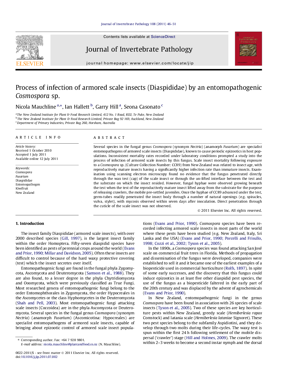 Process of infection of armored scale insects (Diaspididae) by an entomopathogenic Cosmospora sp.