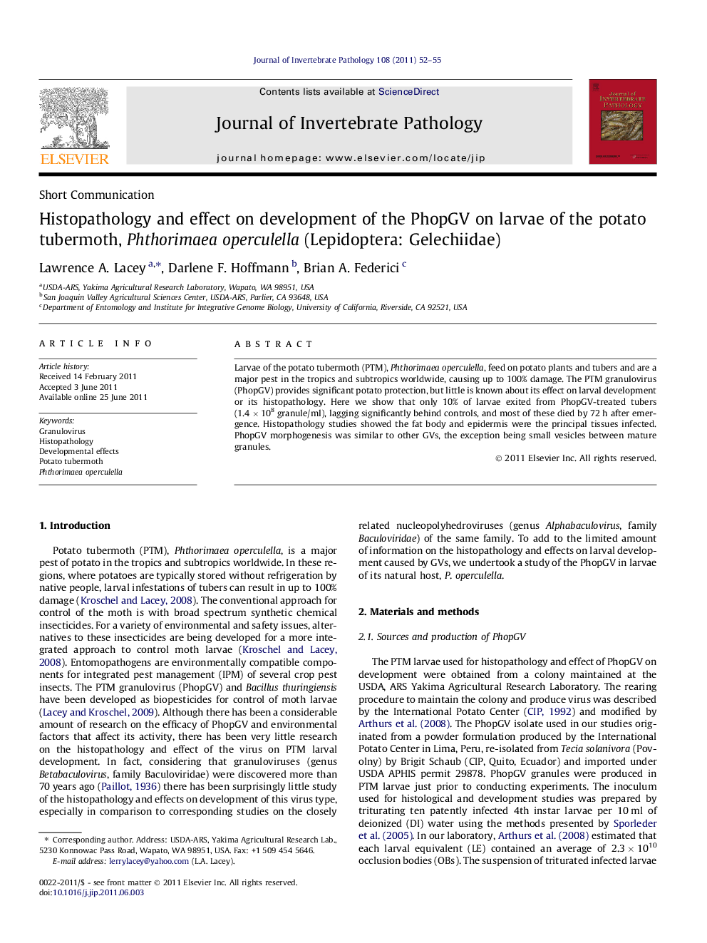 Histopathology and effect on development of the PhopGV on larvae of the potato tubermoth, Phthorimaea operculella (Lepidoptera: Gelechiidae)