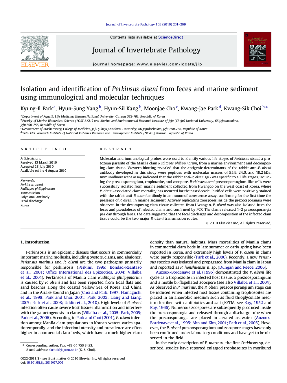 Isolation and identification of Perkinsus olseni from feces and marine sediment using immunological and molecular techniques