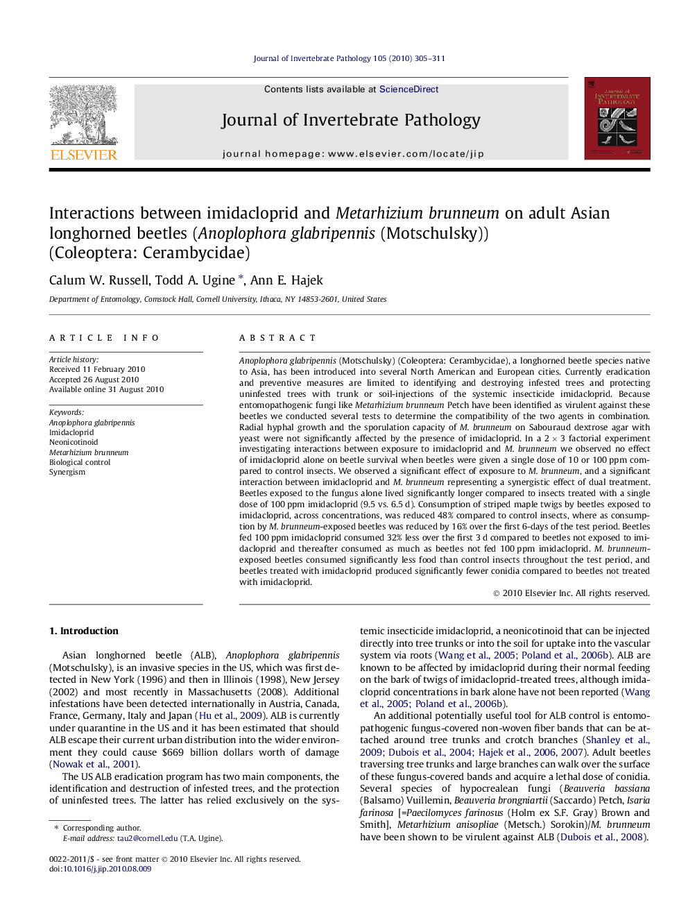 Interactions between imidacloprid and Metarhizium brunneum on adult Asian longhorned beetles (Anoplophora glabripennis (Motschulsky)) (Coleoptera: Cerambycidae)